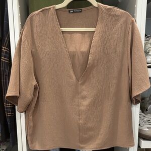 Zara Beige V-Neck Blouse
